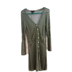 BCBG Sweater, Women's Size Large Maxi Long Knit, Olive Green, See Thru, EUC